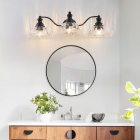 24 Inch 3-Light Vintage Bathroom Wall Sconce – Elegant Black Metal and Glass Lampshade Vanity Light Fixture for Bathroom, Hallway, or Bedroom (Bulb N