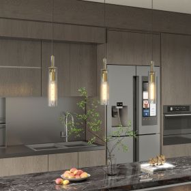 Gold Pendant Light Fixtures, 3 Pack Modern Pendant Lighting with Clear Striped Glass Shade, Hanging Pendant Lights Kitchen Island, Farmhouse Pendant