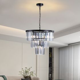 (Same as W1340102277/L5007) 20" Luxury 3-Tier Crystal Chandelier, 7-Light Black Frame Pendant Light, Elegant Ceiling Lighting for Living Room, Dining