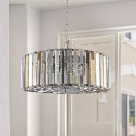 (Same as W1340120171/L5017) 17" Chrome Crystal Pendant Chandelier, Modern Hanging Light Fixture with Adjustable Height, 4-Light E26 Base for Living R