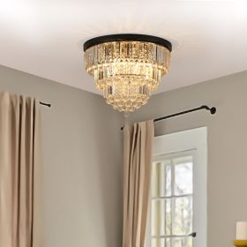 20" Luxury Crystal Flush Mount Ceiling Light with Black Finish – Elegant 6-Light Chandelier for Living Room, Dining Room, or Bedroom (Bulb Not Includ