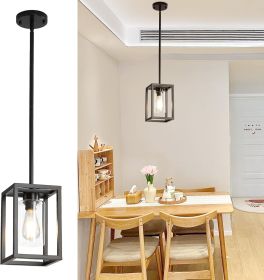 1 Light Black Pendant Light Kitchen Island Farmhouse Pendant Light Fixtures Hanging Metal Cage Rectangular Chandelier