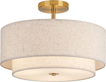3 Light Semi Flush Mount Ceiling Light, Classic Fabric Linen Shade Design for Living Room