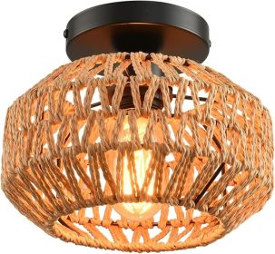 1 Pack Farmhouse Light Fixtures Ceiling Mount,Mini Rattan Boho Semi Flush Mount Ceiling Light,Hand Woven Hallway Light Fixtures for Bedroom Entryway