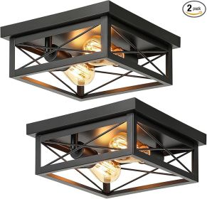 2-Light Industrial Square Flush Mount Ceiling Light, Farmhouse Ceiling Light Fixture for Kitchen, Modern Black Close to Ceiling Light for Hallway Bed