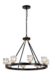 Matte Black + Gold Wagon Wheel Chandelier Farmhouse Modern Small Crystal Round Chandelier for Living Room Kitchen Island Foyer Hallway Entryway Bedro