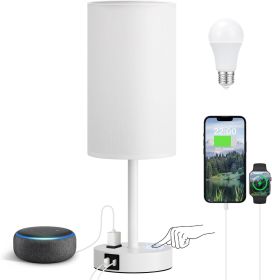 White Nightstand Bedroom Lamp - 3 Way Dimmable Bedside Lamp USB C A Charging Ports and AC Outlet, Small Table Lamp Linen Lampshade for Office Desk