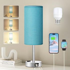Turquoise Nightstand Table Lamp for Bedroom - 3 Way Dimmable Touch Lamp USB A and C Charging Ports and AC Outlet, Small Lamp for Office Desk with Met