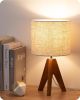 Tripod Table Lamp, Small Cute Bedside Lamp with Linen Beige Lampshade, Nightstand Lamp for Nursery, Bedroom, Kid Room, Living Room, Light Brown Woode