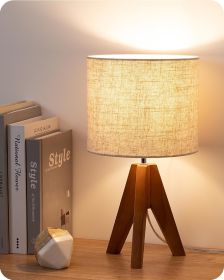 Tripod Table Lamp, Small Cute Bedside Lamp with Linen Beige Lampshade, Nightstand Lamp for Nursery, Bedroom, Kid Room, Living Room, Light Brown Woode