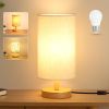 Desk Lamp LED Bulb Included, Small Bedside Table Lamp Plug in Classic Wood Base with Flaxen Fabric Shade