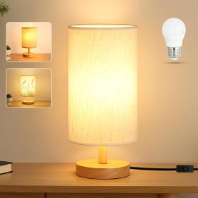 Desk Lamp LED Bulb Included, Small Bedside Table Lamp Plug in Classic Wood Base with Flaxen Fabric Shade