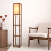 Pinnacle Shelf Floor Lamp For Bedroom/Living Room, Natural Wood with Long Shade