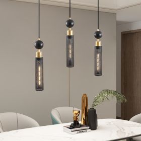 Modern Black and Gold 3-Light Pendant Chandelier, Adjustable Hanging Lights with Cylindrical Mesh Shades, E26 Base, Ideal for Dining Room, Kitchen Is