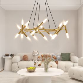 Golden Modern Chandelier Light Fixture, Branch Design with Frosted Tubes, Black Cords, Adjustable Height Pendant Light for Dining Room, Living Room,