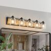 Farmhouse Vanity Light Fixture, 5-Light Bathroom Wall Sconce with Clear Seeded Glass Shades, Rustic Black Finish with Wood Backplate, Modern Industri