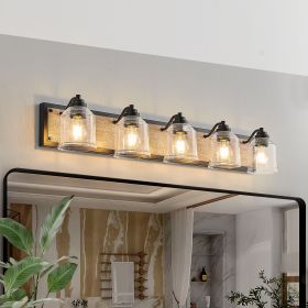 Farmhouse Vanity Light Fixture, 5-Light Bathroom Wall Sconce with Clear Seeded Glass Shades, Rustic Black Finish with Wood Backplate, Modern Industri
