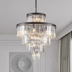 (Same as W1340P188535/L5002-600-B) 24" Luxury Crystal Chandelier with Black Finish – Elegant 15-Light 5 Tier Pendant Light Fixture for Living Room, D
