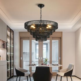 24" Rustic 5-Tier Black Hemp Rope Pendant Light Chandelier with 8 E12 Sockets, Boho Farmhouse Ceiling Fixture for Dining Room, Kitchen, or Entryway (