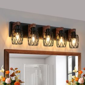 31" Industrial Vintage 5-Light Wall Sconce - Black Cage Wall Lighting Fixture with Wooden Accents for Bathroom, Hallway, or Living Room (Bulb Not Inc