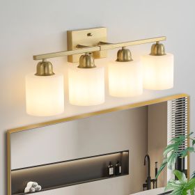 Gold Bathroom Light Fixtures, 4-Light Modern Vanity Light Over Mirror, Wall Sconces with Milky White Frosted Glass Shades, E26 Socket (Bulbs Not Incl