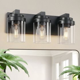 3 Light Bathroom Vanity Light, Matte Black Bathroom Light Fixtures with Clear Glass Shade, Vanity Light Fixtures Over Mirror for Bedroom Living Room(