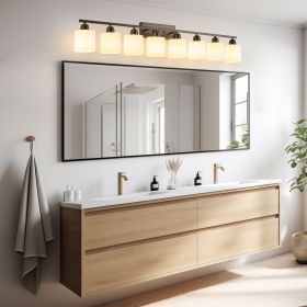 8-Light Bathroom Light Fixtures Over Mirror, 52inch Modern Matte Black Vanity Lights with White Frosted Glass Shade, Bathroom Wall Lamp Sconces for M