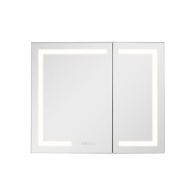 Lighted Medicine Cabinet with Mirror, 36 x 30 in Recessed or Wall Mount, 3 Color Dimmable LED Bathroom Medicine Cabinet with HD Mirror, Clock, Adjust