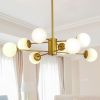35" Modern 8-Light Gold Chandelier with White Glass Globe Shades, Mid-Century Branching Design, Elegant Ceiling Light Fixture for Dining Room, Living
