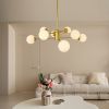 35" Modern 8-Light Gold Chandelier with White Glass Globe Shades, Mid-Century Branching Design, Elegant Ceiling Light Fixture for Dining Room, Living