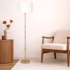 Stellar Wood Rattan Tube , Gold Brass Metal and White Linen Shade Floor Lamp