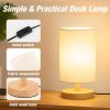 Desk Lamp LED Bulb Included, Small Bedside Table Lamp Plug in Classic Wood Base with Flaxen Fabric Shade