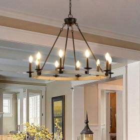 Rustic Farmhouse 10-Light Candle Chandelier, Black Metal and Wood Round Hanging Light Fixture for Dining Room, Kitchen, Living Room, Adjustable Heigh