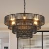 Rustic 4-Tier Black Hemp Rope Chandelier with 6 E12 Sockets, UL Listed Hardwired Pendant Light, Handmade Tiered Boho Ceiling Light Fixture for Dining