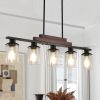 37" Farmhouse Industrial 5-Light Kitchen Island Pendant Light, Metal Wood Chandelier with Clear Glass Shades, Adjustable Height Hanging Fixture for D