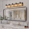 Farmhouse Vanity Light Fixture, 5-Light Bathroom Wall Sconce with Clear Seeded Glass Shades, Rustic Black Finish with Wood Backplate, Modern Industri