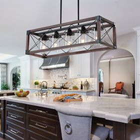 (Same as W1340P155971/L1011-RW-G) 32" Red Wood Industrial Farmhouse Rectangle Pendant Light, 5-Light Chandelier with Lampshade for Dining Room, Kitch