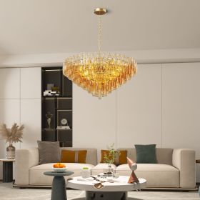 37" Extra Large Chandelier, 14-Light Gold Modern Round Chandelier for Living Room, Tiered Smoke Blown Glass Brass Chandeliers, Hanging Light Fixture