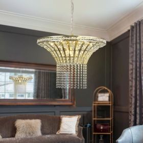 (Same as W1340P189414/L005016-D600-P8G) 24" Modern Crystal Round Chandelier with Gold Finish, Elegant Pendant Light with Cascading Beads, for Dining
