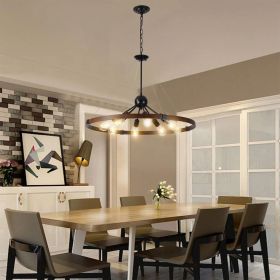 (Same as W1340111208/L1012) 32" Rustic Industrial Chandelier, 8-Light Farmhouse Pendant Lighting Fixture with Metal and Wood Finish, Adjustable Chain