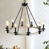 32" Rustic Farmhouse 10-Light Candle Chandelier, Black Metal and Wood Round Hanging Light Fixture for Dining Room, Kitchen, Living Room, Adjustable H