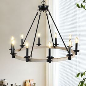 32" Rustic Farmhouse 10-Light Candle Chandelier, Black Metal and Wood Round Hanging Light Fixture for Dining Room, Kitchen, Living Room, Adjustable H