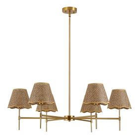 Boho Rattan Chandelier 6-Lights Rustic Industrial Pendant Light Large Adjustable Pendant Lighting Fixtures for Kitchen Island Dining Living Room