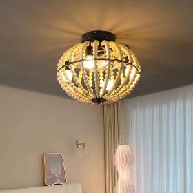 18" Bohemian Wood Beaded Ceiling Fan with Light, Flush Mount Caged Ceiling Fan, Rustic Farmhouse Low Profile Fan Light Fixture for Indoor Home Decor