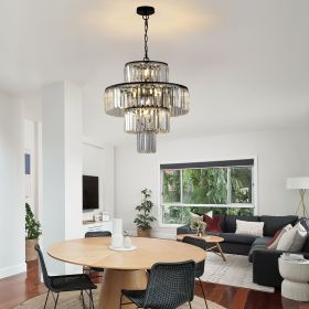 p20" Modern Crystal Chandelier with Black Finish, 4-Tier Design for Dining Room or Living Room, Elegant Crystal Pendant Light Fixture (Bulb Not Includ