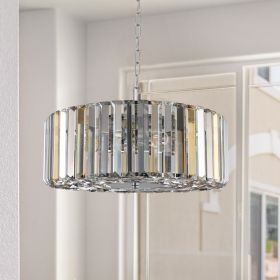 (Same as W1340120171/L5017) 17" Chrome Crystal Pendant Chandelier, Modern Hanging Light Fixture with Adjustable Height, 4-Light E26 Base for Living R