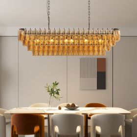 54" Black Rectangular Chandeliers for Dining Room, 12-Light 4 Tiered Large Smoke Glass Chandelier, Modern Kitchen Island Farmhouse Hanging Light Fixt
