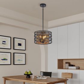 13" Rustic Industrial Pendant Light, 3-Light Black and Walnut Metal Cage Chandelier with Wood Accents for Kitchen Island and Dining Room (No Bulbs)