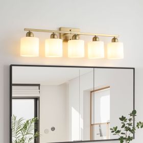 Gold Bathroom Light Fixtures, 5-Light Modern Vanity Light Over Mirror, Wall Sconces with Milky White Frosted Glass Shades, E26 Socket (Bulbs Not Incl