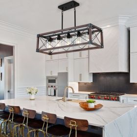 32" Red Wood Industrial Farmhouse Rectangle Pendant Light, 5-Light Chandelier with Lampshade for Dining Room, Kitchen Island, Cafe Decor (No Bulbs)